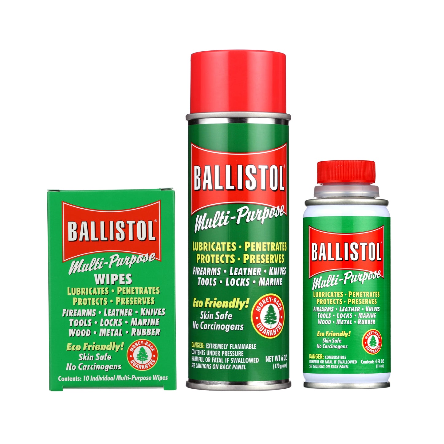 Ballistol multi-purpose products including a 6oz can, wipes, and a small 4oz container on a white background.