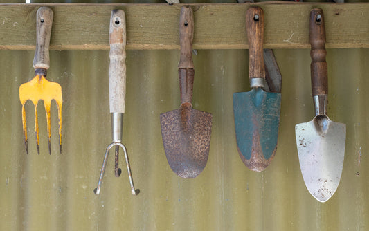 5 rusty garden tools hanging in a shed