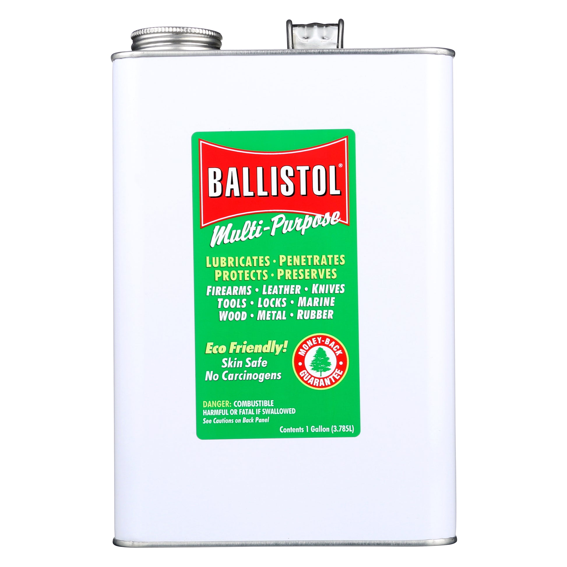 Ballistol multi-purpose oil gallon can with green label on a white background