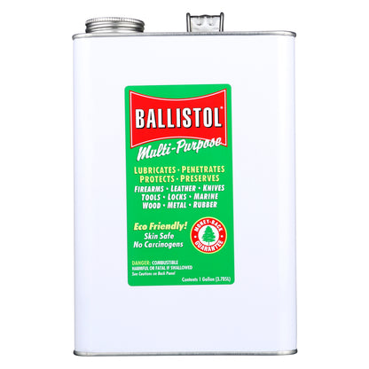 Ballistol multi-purpose oil gallon can with green label on a white background