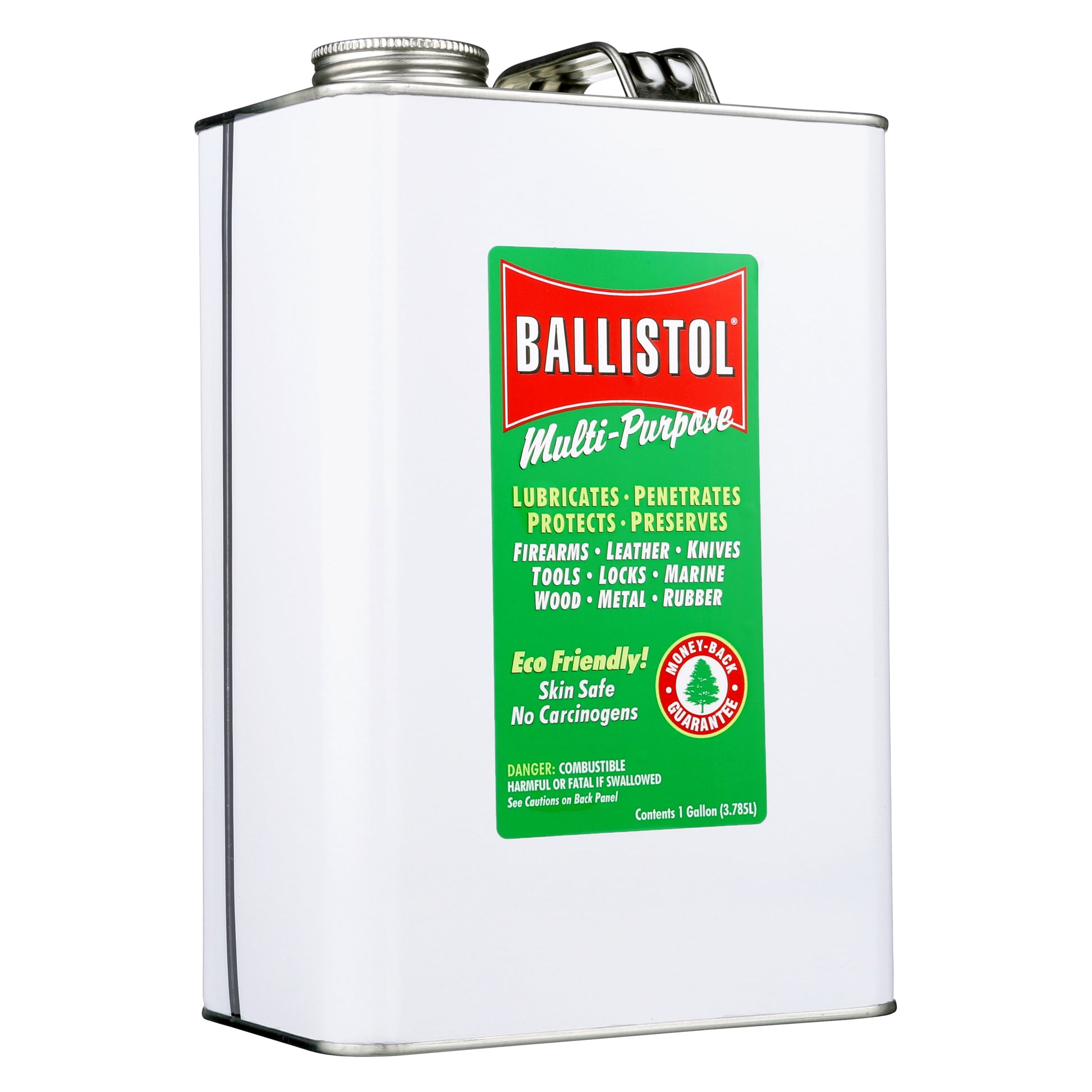 Ballistol multi-purpose oil gallon can with green label on a white background