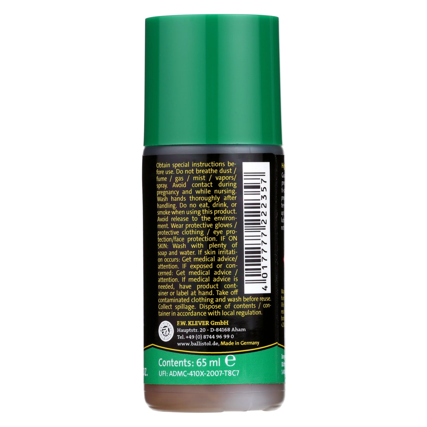 Bottle label with green cap and black body on a white background