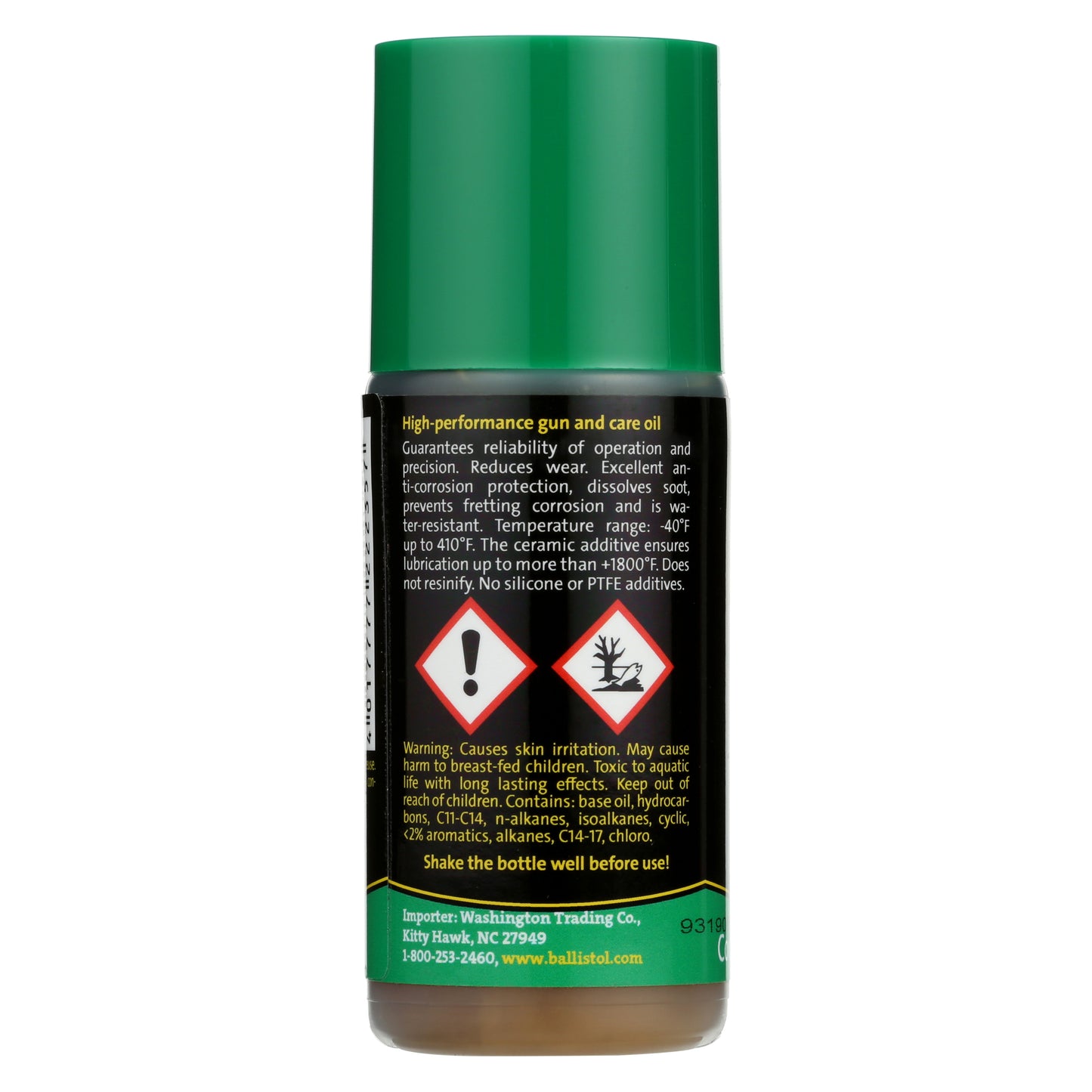 Bottle with green cap and black label on a white background