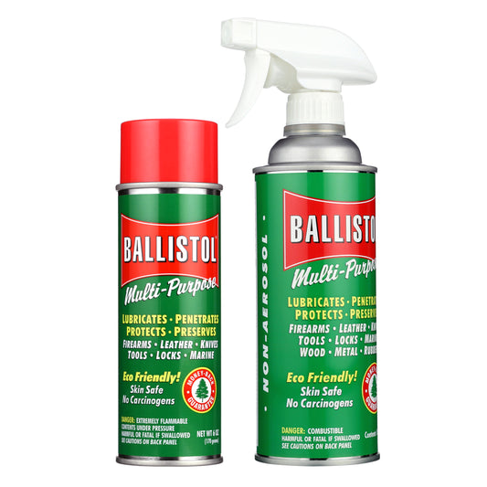 Two Ballistol cans, one 6oz red and green can, the other 16 ounces white and green with a spray nozzle on a white background.