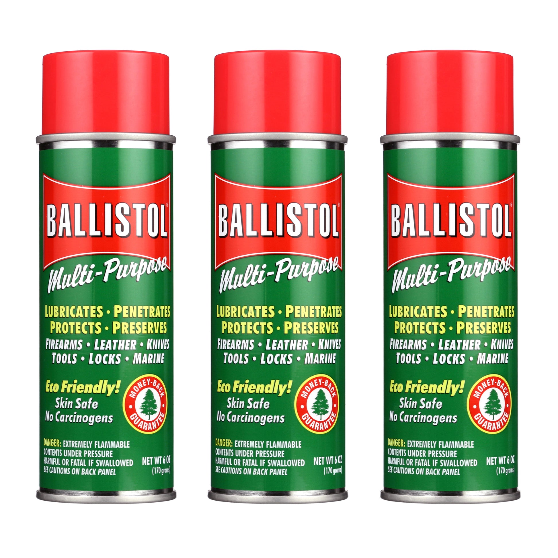 Three cans of 6oz Ballistol Multi-Purpose Lubricant on a white background