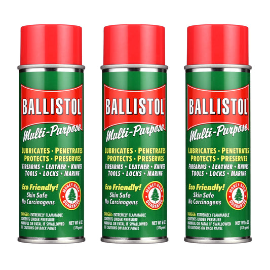 Three cans of 6oz Ballistol Multi-Purpose Lubricant on a white background