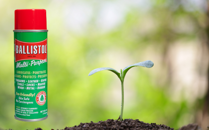 Ballistol multi-purpose spray can with a young plant on a blurred natural background
