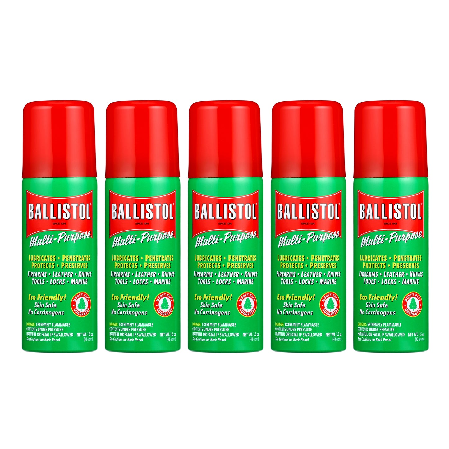 Six 1.5 oz bottles of Ballistol multi-purpose oil on a white background