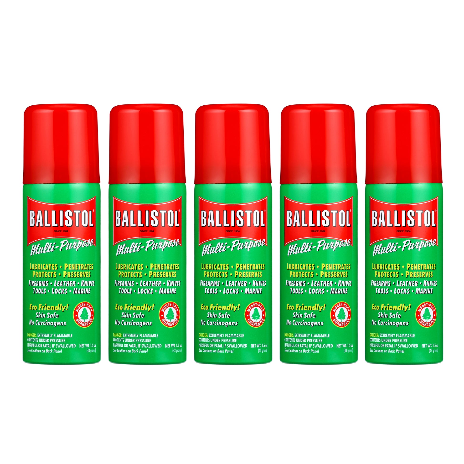 Six 1.5 oz bottles of Ballistol multi-purpose oil on a white background