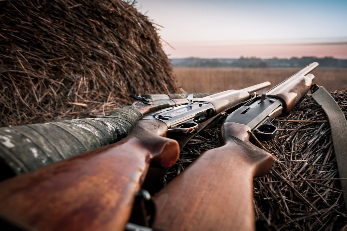 Rifles on a hay bale with a rural landscape in the background