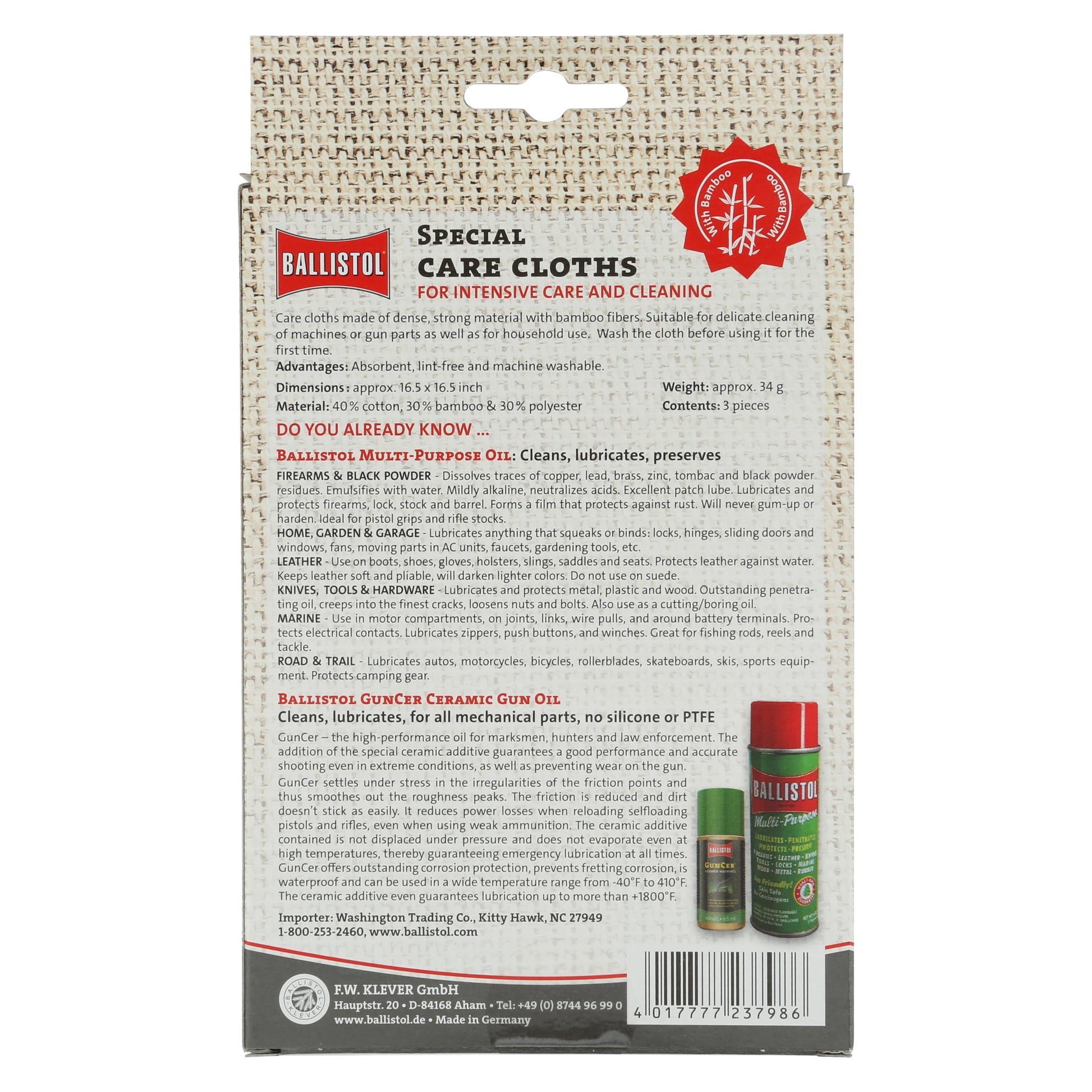 Ballistol special care cloths packaging with product details on a white background