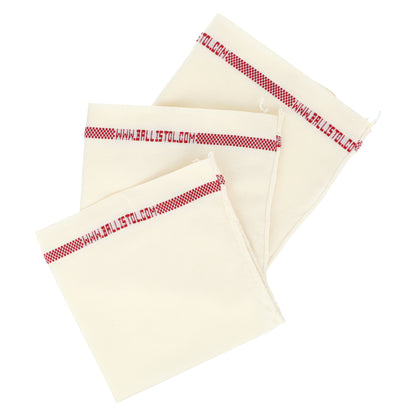 Three cream-colored bags with red text on a white background