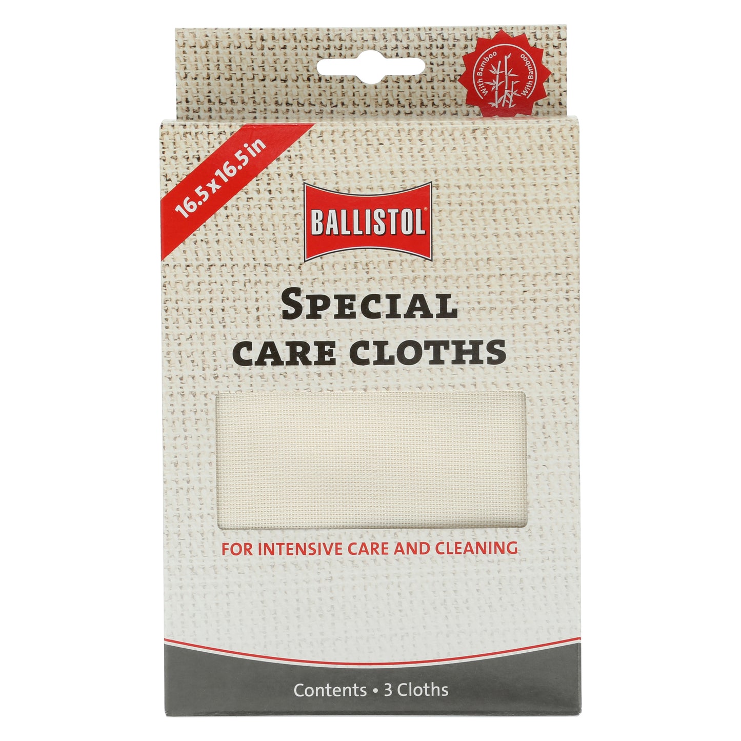 Packaging of Ballistol Special Care Cloths with dimensions and product description on a white background