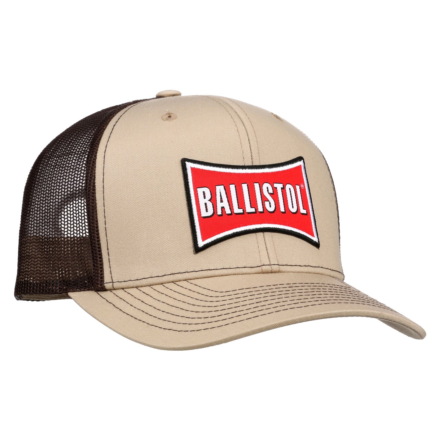 Beige and brown trucker cap with Ballistol logo on a white background