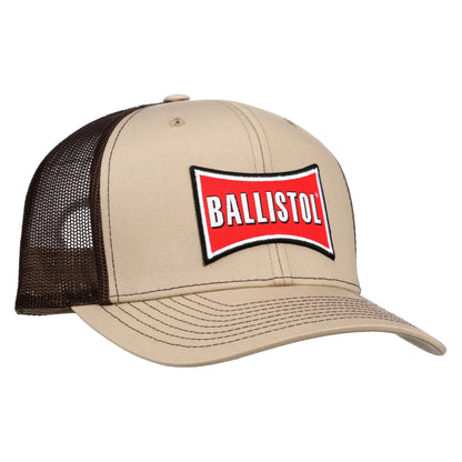Beige and brown trucker cap with Ballistol logo on a white background