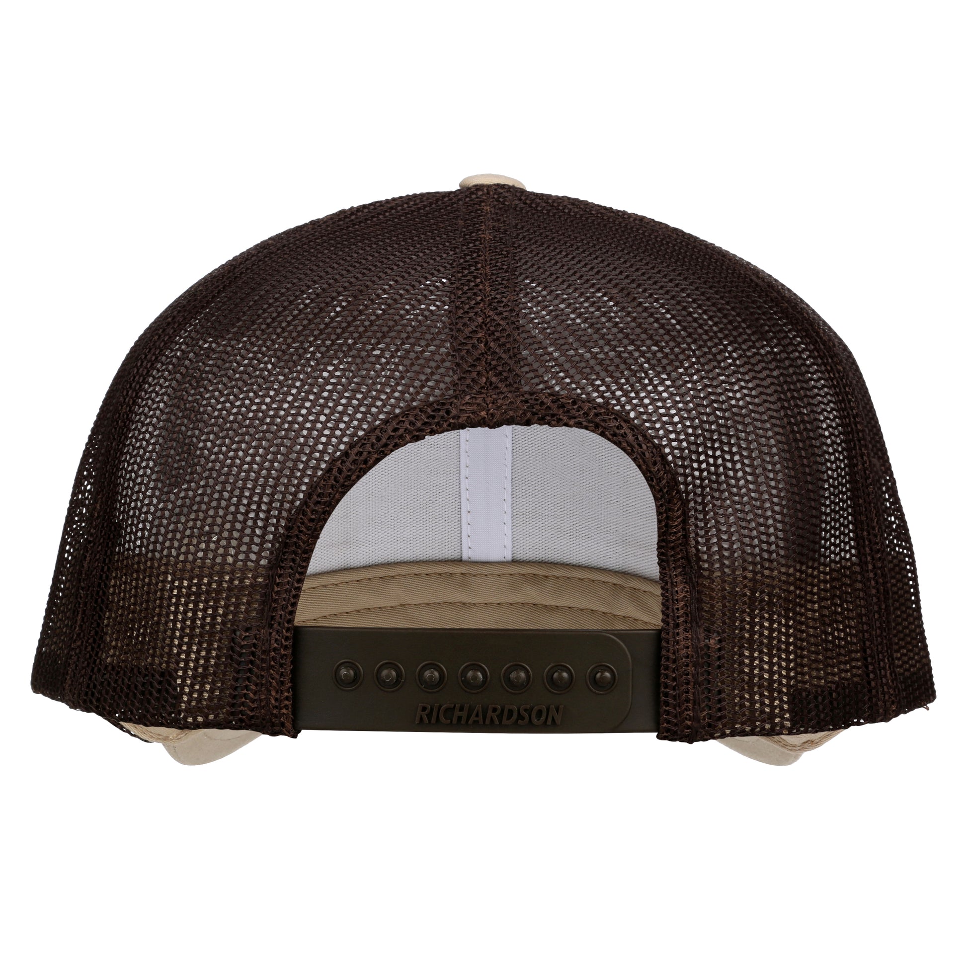 Back view of a brown mesh cap with Richardson branding on a white background