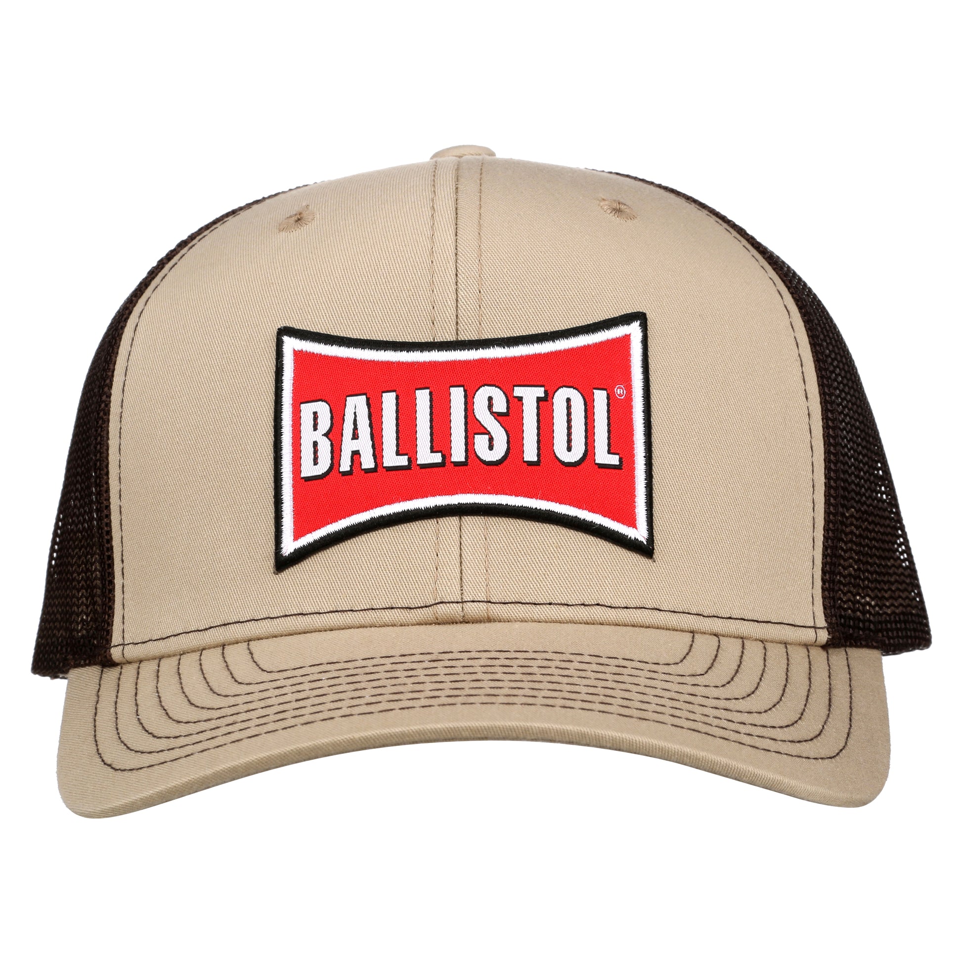 Ballistol khaki and brown trucker hat with embroidered red logo patch, angled side view showing mesh back panels and curved bill