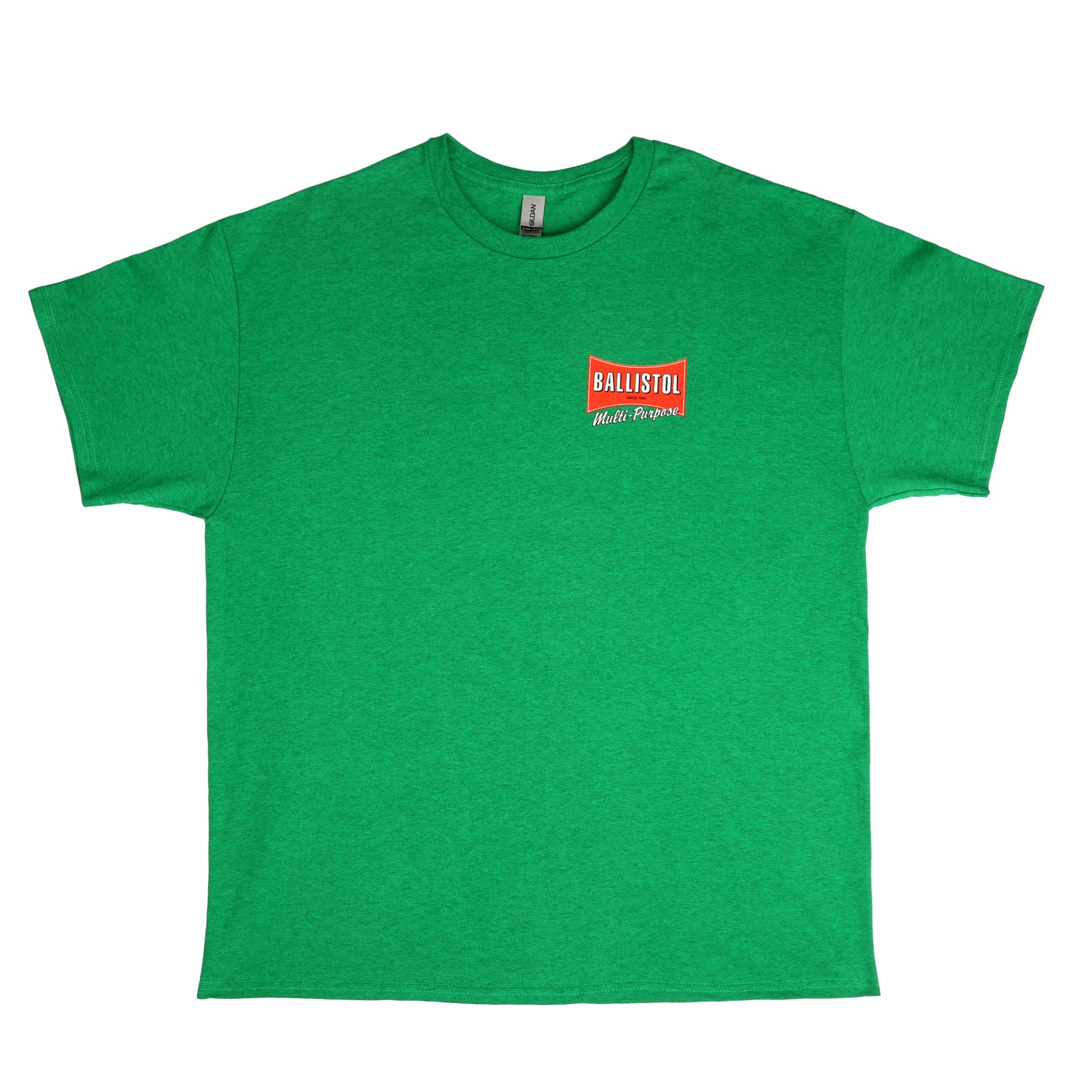 Green t-shirt with a red and white logo on a white background