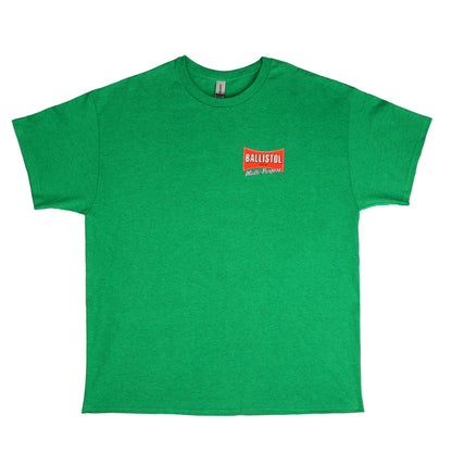 Green t-shirt with a red and white logo on a white background