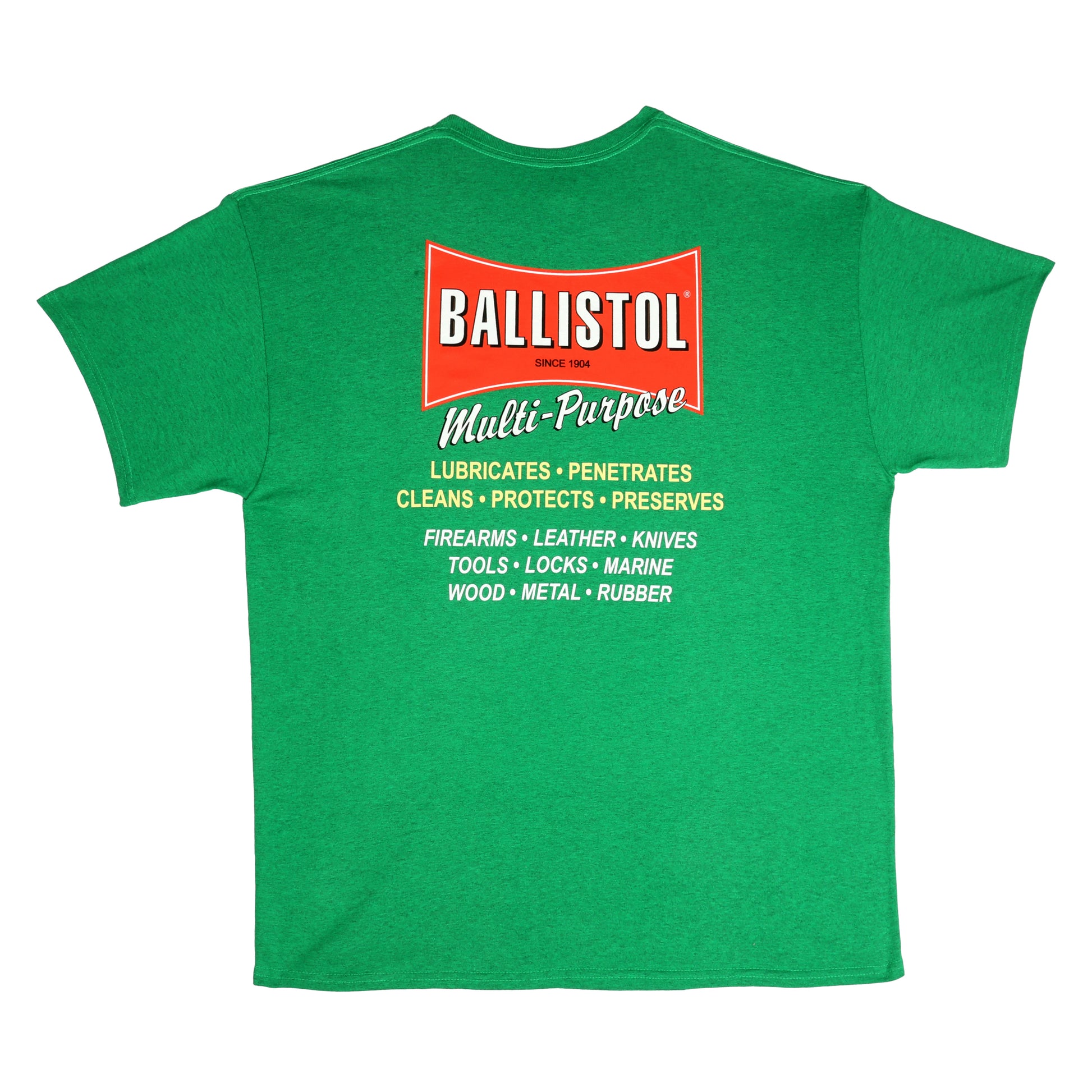 Green t-shirt with Ballistol multi-purpose product description on a white background