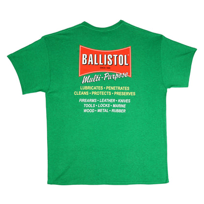Green t-shirt with Ballistol multi-purpose product description on a white background
